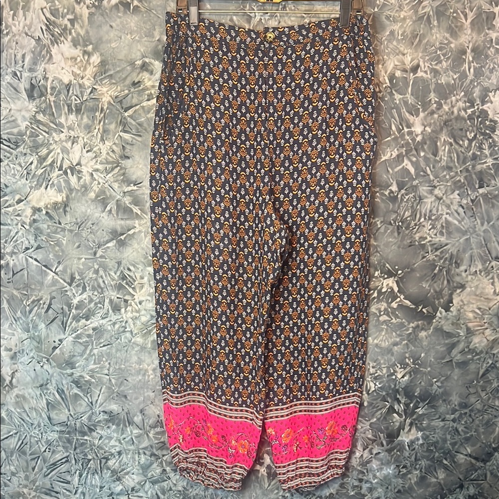 Anthropologie Blue and Pink Track Pants with Floral Border